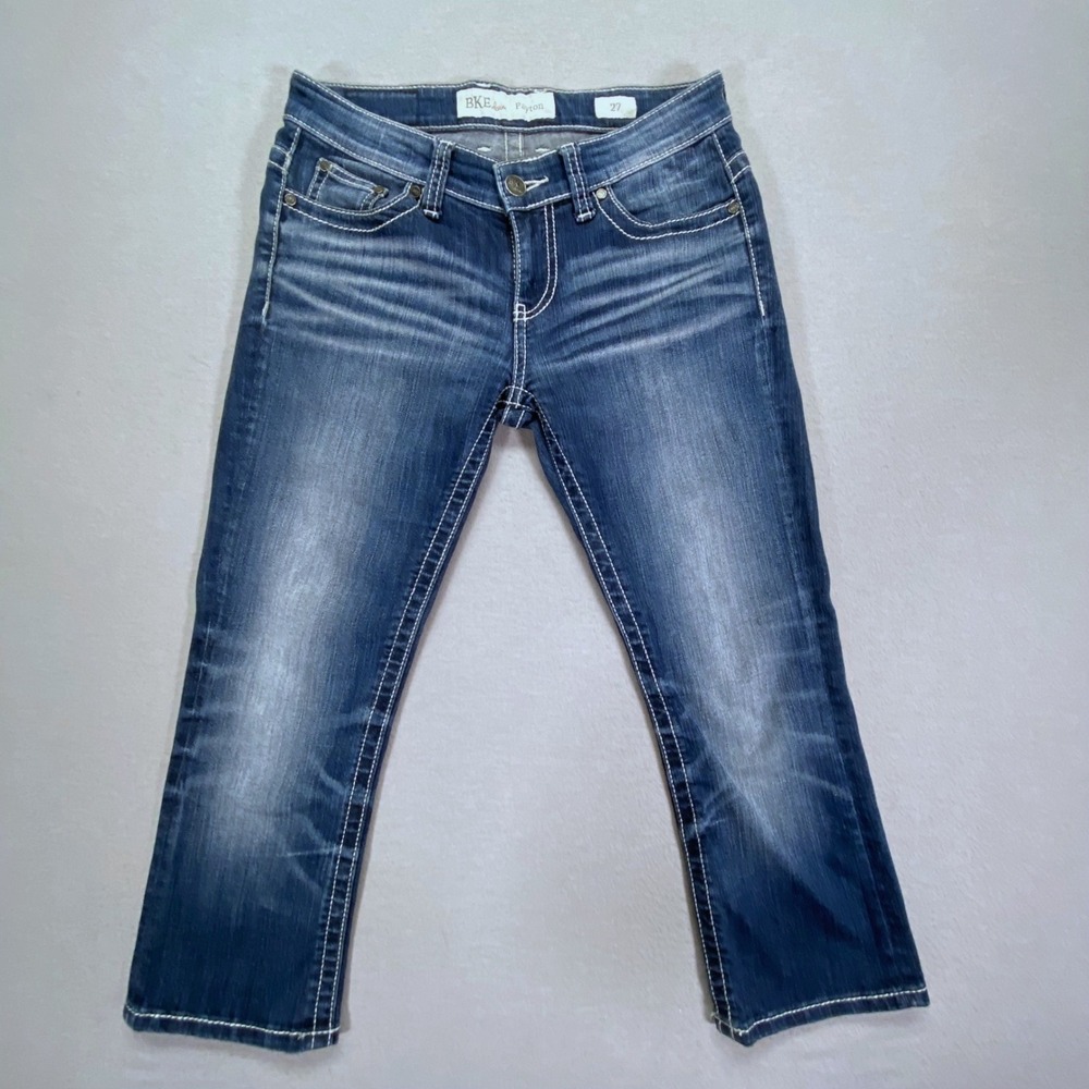 BKE Payton Women 27 Dark Wash Heavy‎ Contrast Stitch Straight Leg Cropped Jeans